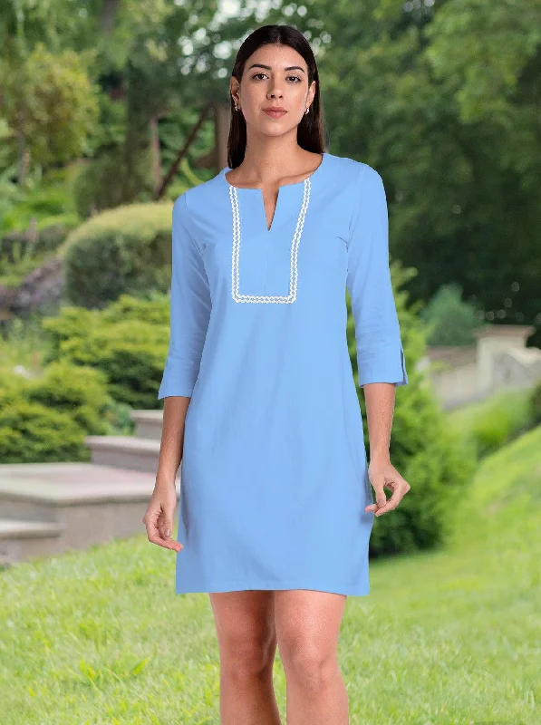 Solid Knit 3/4 Sleeve Slit Neck Embellished Dress