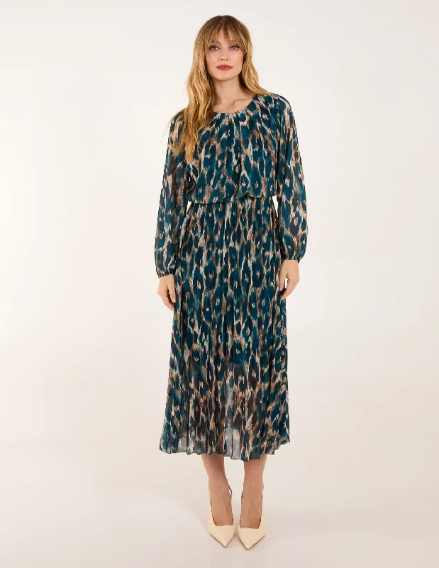 Round Neck Pleated Abstract Leopard Dress