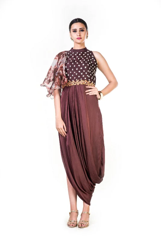 Tie & Dye & Embroidered Coffee Brown Draped Dress