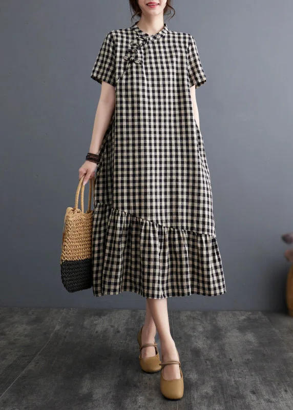 Vintage Big Plaid Stand Collar Patchwork Cotton Dress Summer AP071