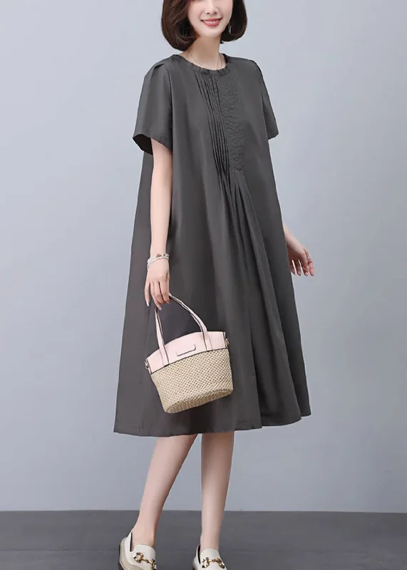 Women Grey O-Neck Solid Cotton Dresses Summer MN041