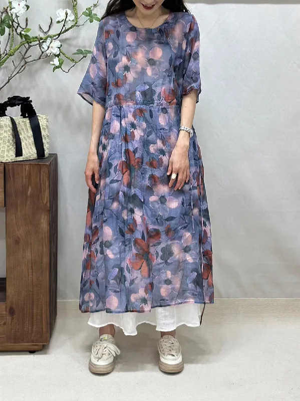 Women Summer Artsy Flower Loose Thin Ramie Dress FG1008