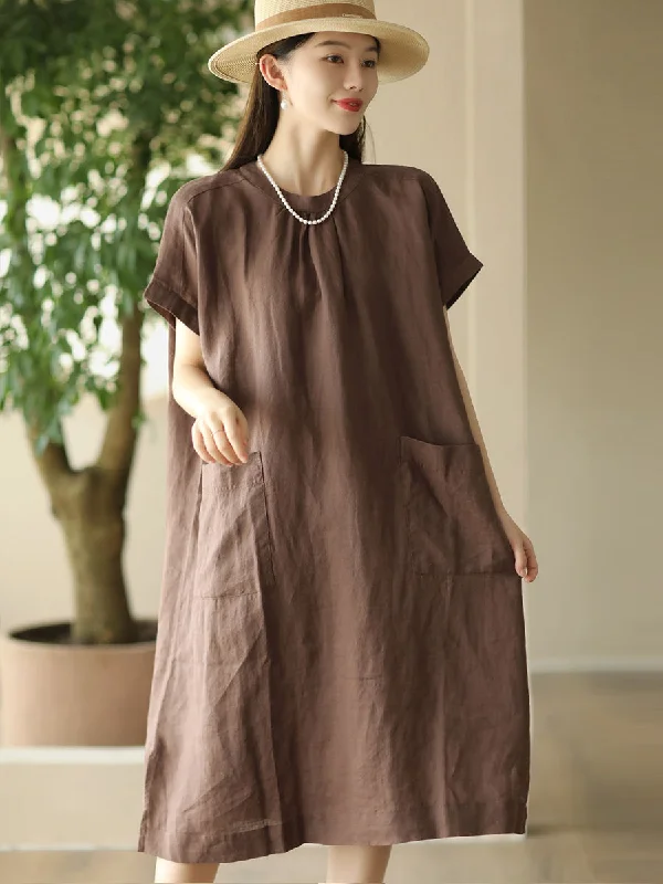 Women Summer Casual Solid Pocket O-Neck Linen Dress FD002