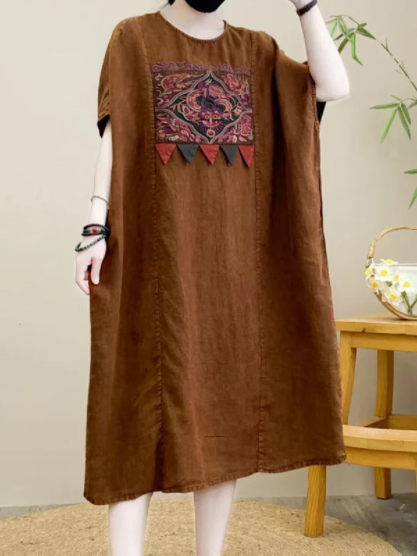 Women Summer Retro Spliced Embroidery Linen Loose Dress RR1009