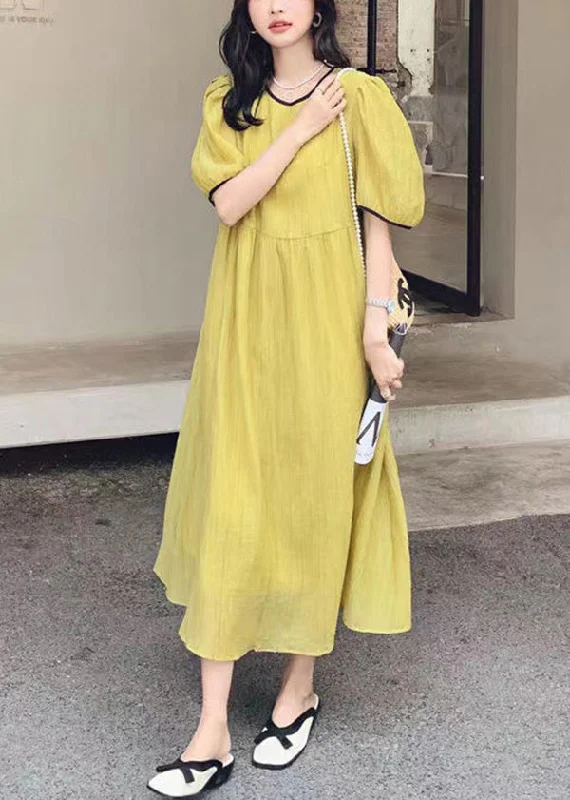 Women Yellow O Neck Patchwork Cotton Dress Summer XX024