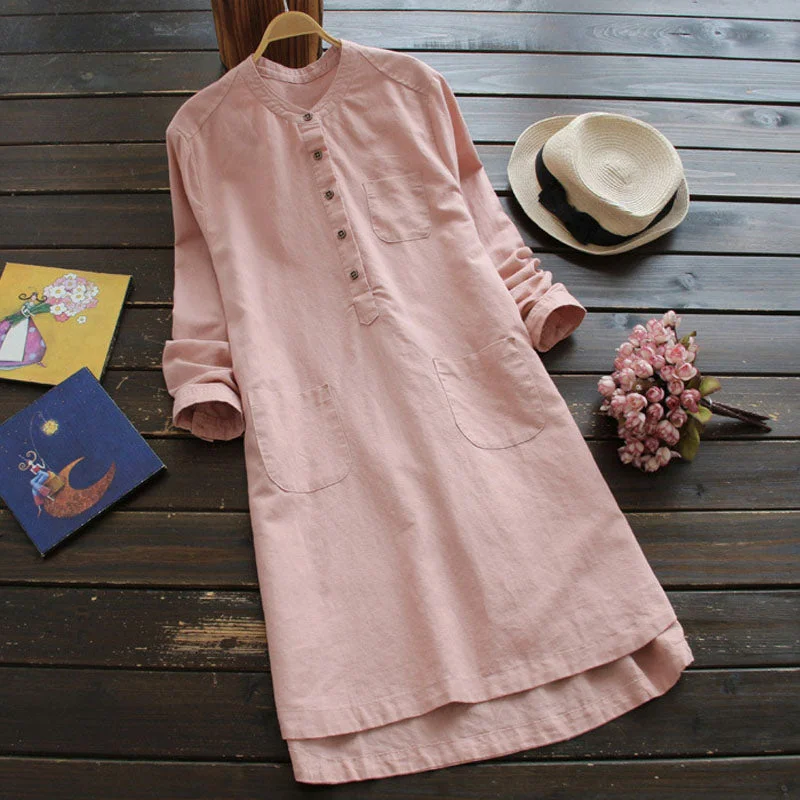 Women's Spring Casual O-Neck Loose Dress With Pockets