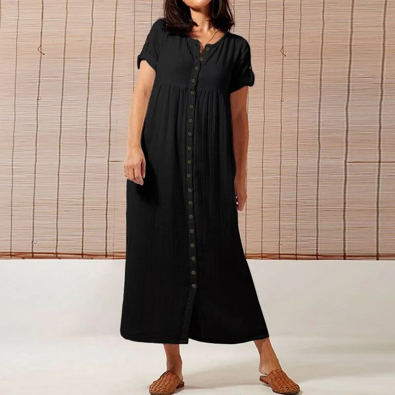 Women's Summer Casual Loose O-Neck Dress With Buttons