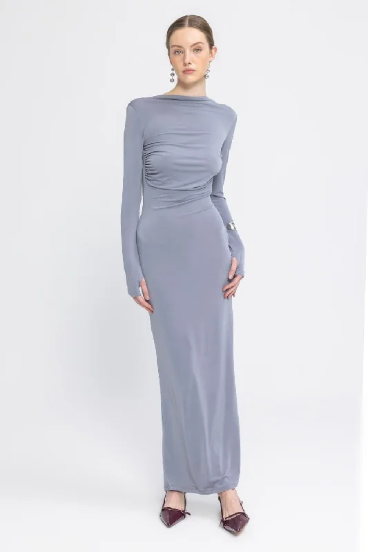 Gray Boat Neck Backless Maxi Dress