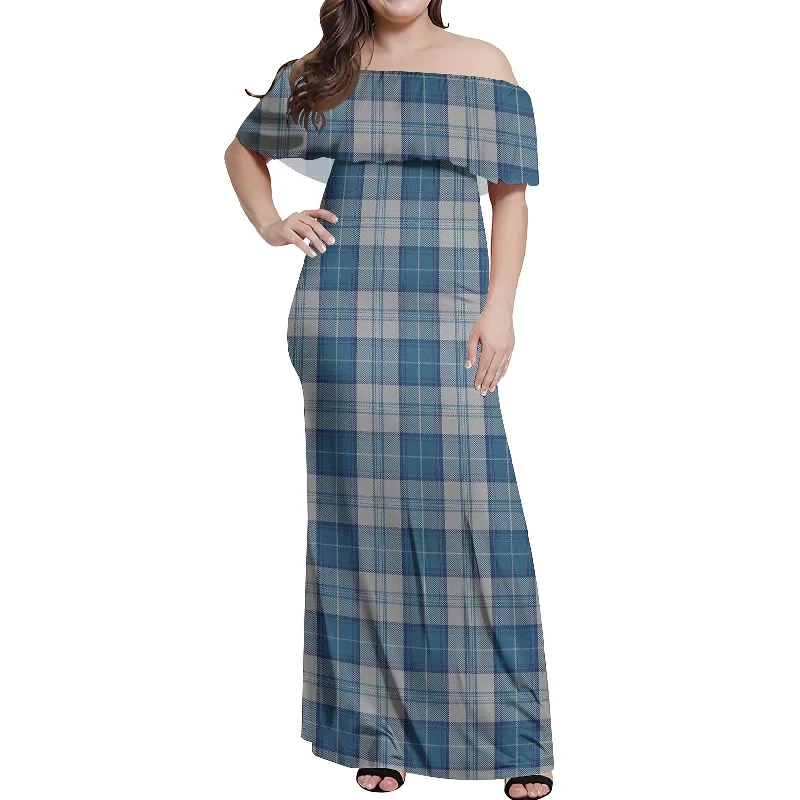 Menzies Dress Blue and White Tartan Off Shoulder Long Dress