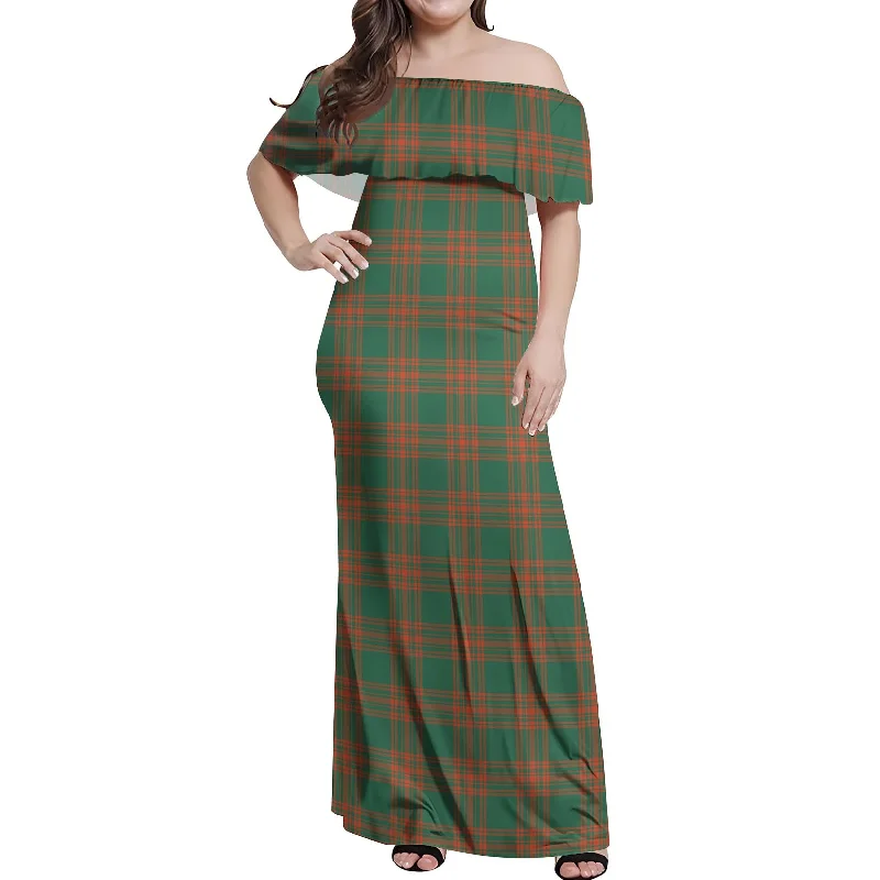 Menzies Green Ancient Tartan Off Shoulder Long Dress