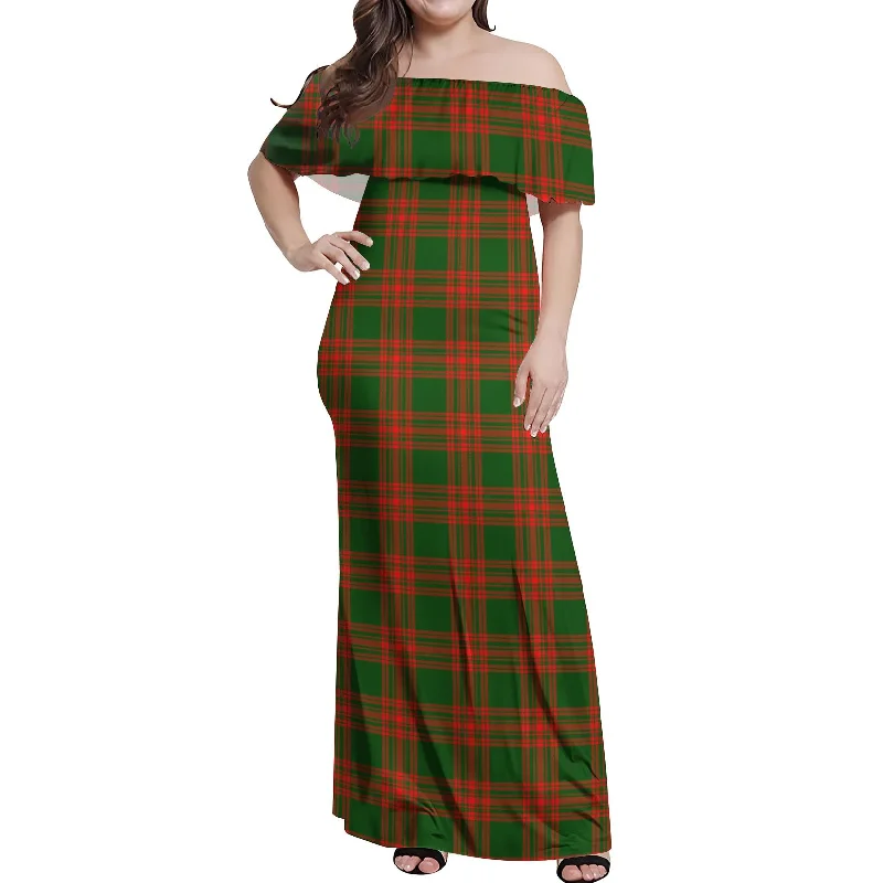 Menzies Green Modern Tartan Off Shoulder Long Dress