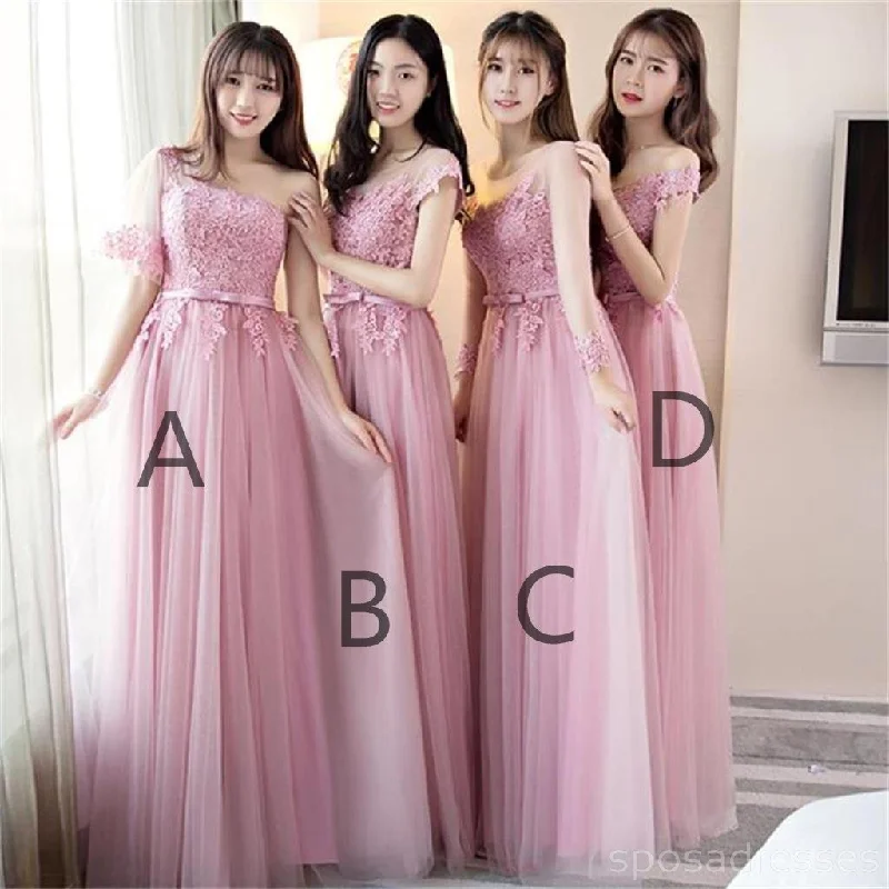 Pink Lace Tulle Long Bridesmaid Dresses, Cheap Bridesmaid Dresses, BD002