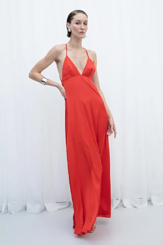 Red Strappy Satin Maxi Dress