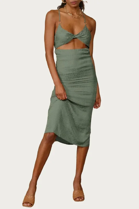 Leopard Satin-Jacquard Twisted Cutout Midi Dress In Sage