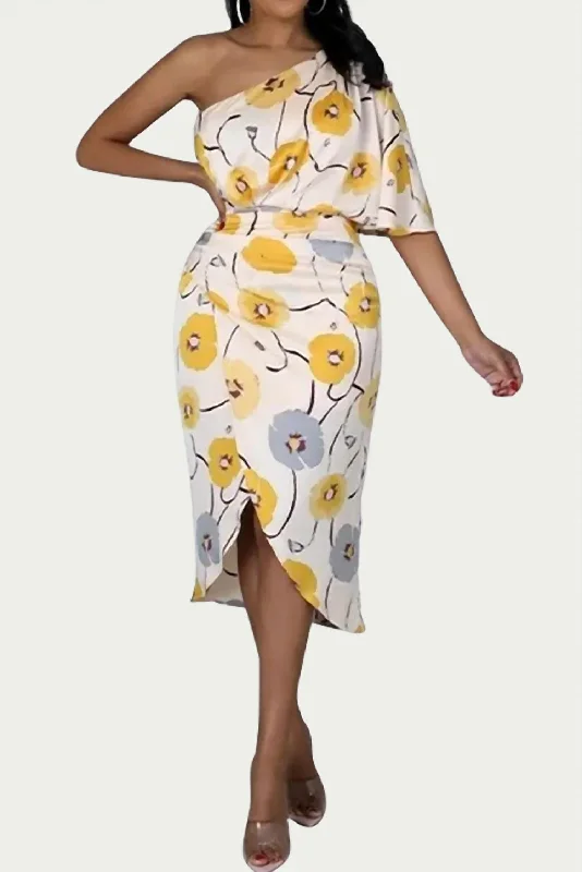 One-Shoulder Ruched Floral-Print Midi Dress In Yellow