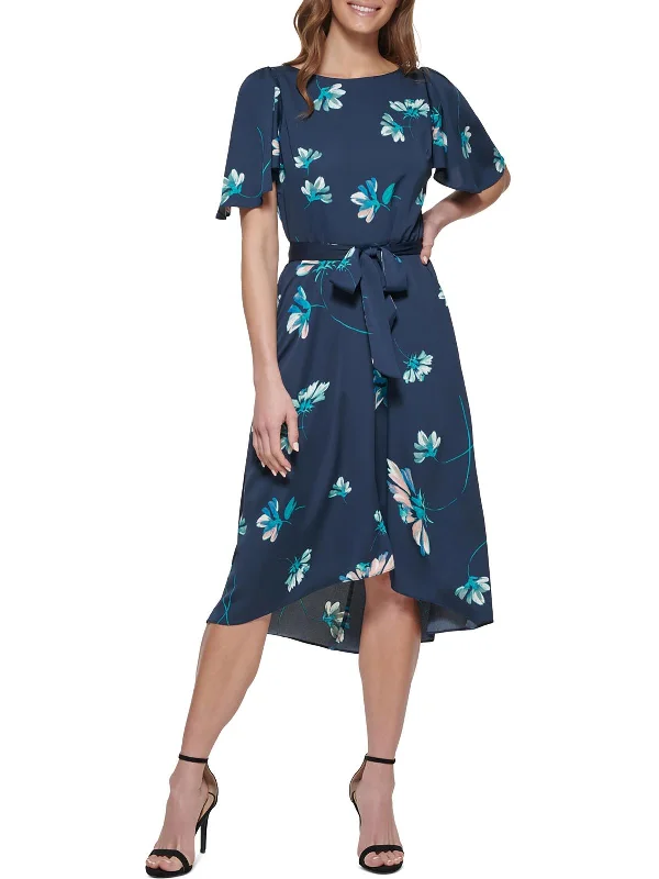 Womens Satin Floral Midi Dress