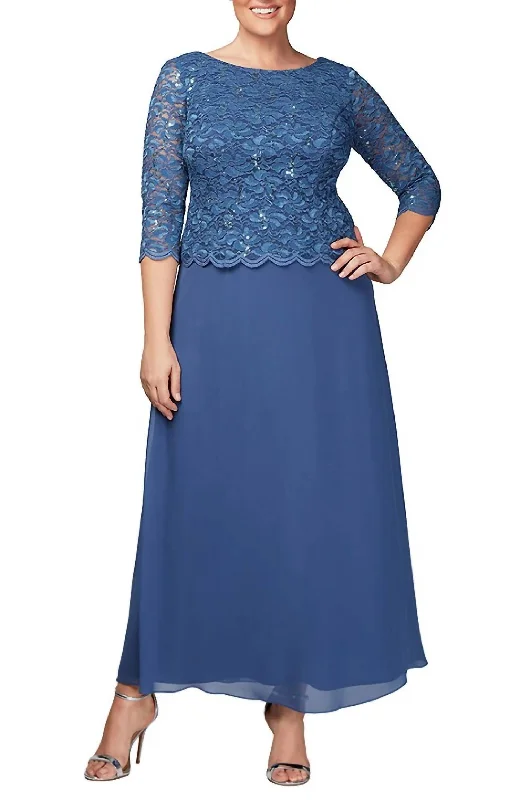 Scalloped Lace And Chiffon Gown In Blue