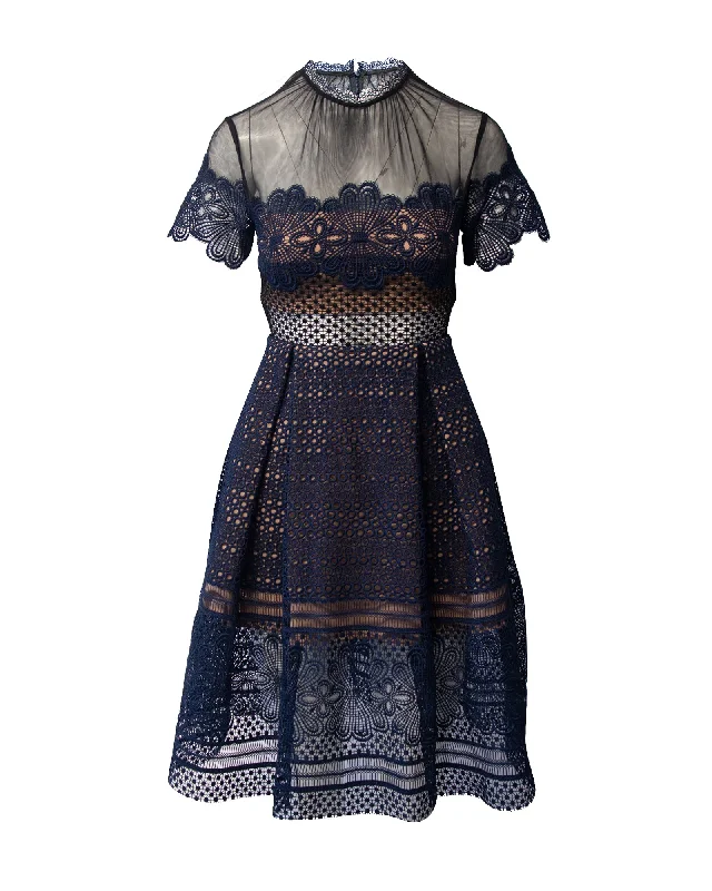 Self-Portrait Felicia Guipure Lace Dress in Navy Blue Polyester