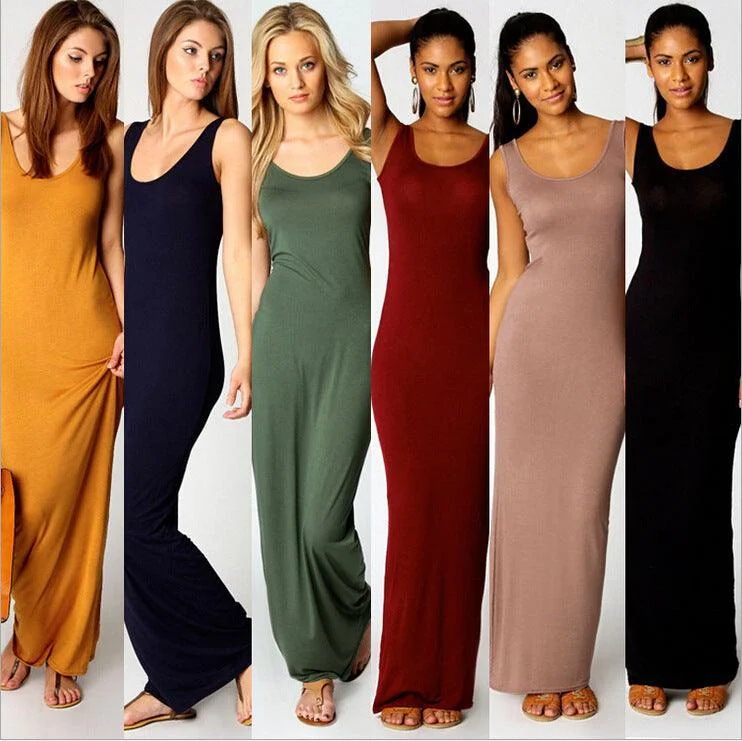 Elegant High Stretch Tank Robe Spring Summer Thin Long Dress  O-neck Sleeveless