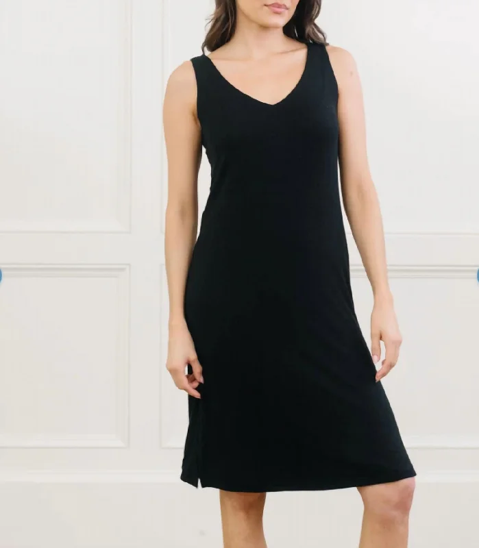 Rib Knit V-Neck Tank Lounge Dress In Black